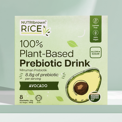 NutriBrown Rice 100% Plant-Based Prebiotic Drink in Avocado flavour, in a box of 35g x 8sachets.