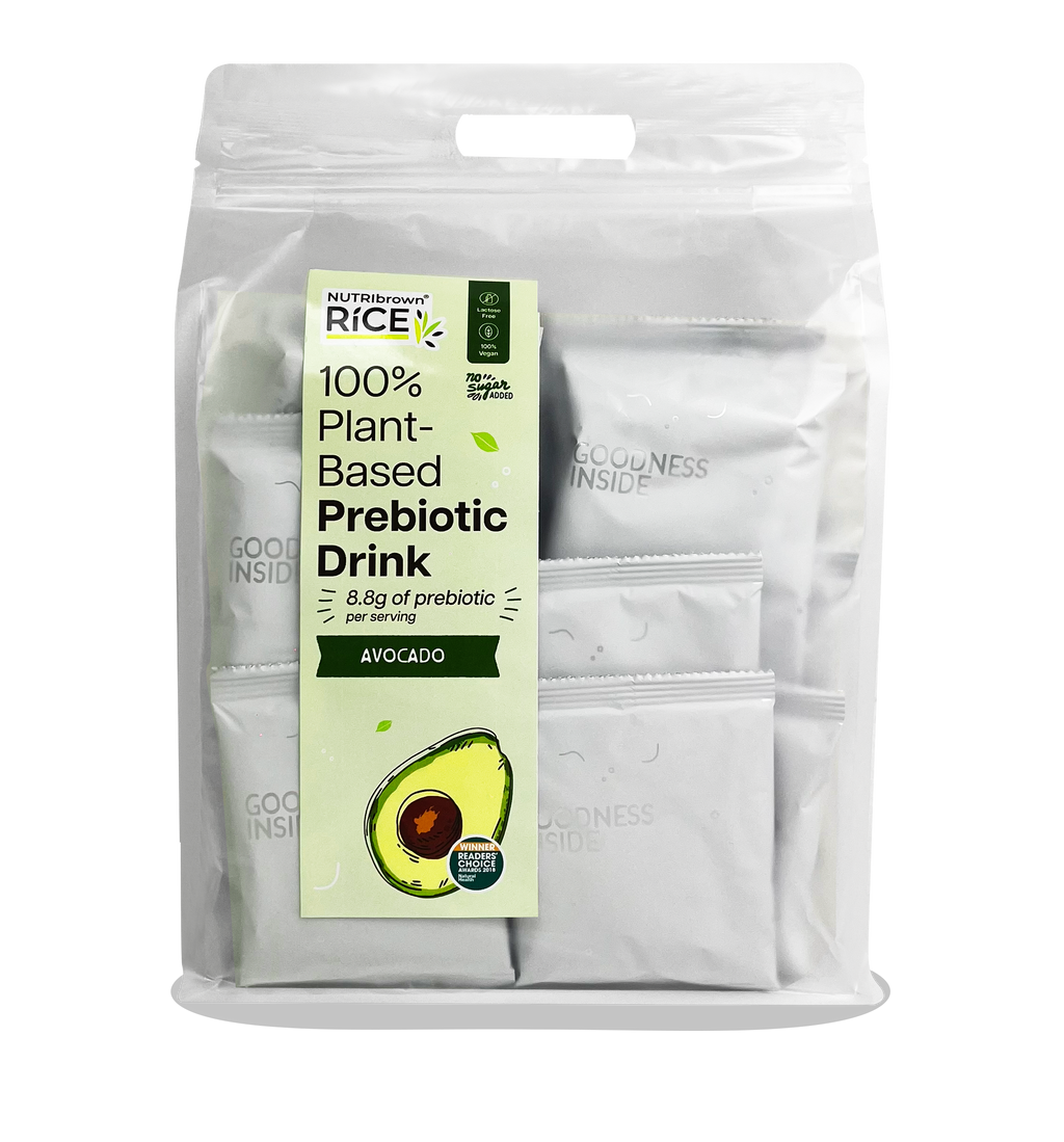 NutriBrown Rice 100% Plant-Based Prebiotic Drink in Avocado flavour, in a resealable pouch/ecobag of 35g x 30sachets.