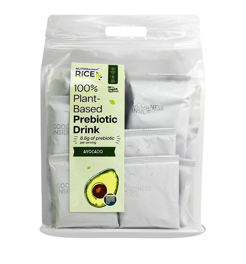 NutriBrown Rice 100% Plant-Based Prebiotic Drink in Avocado flavour, in a resealable pouch/ecobag of 35g x 30sachets.