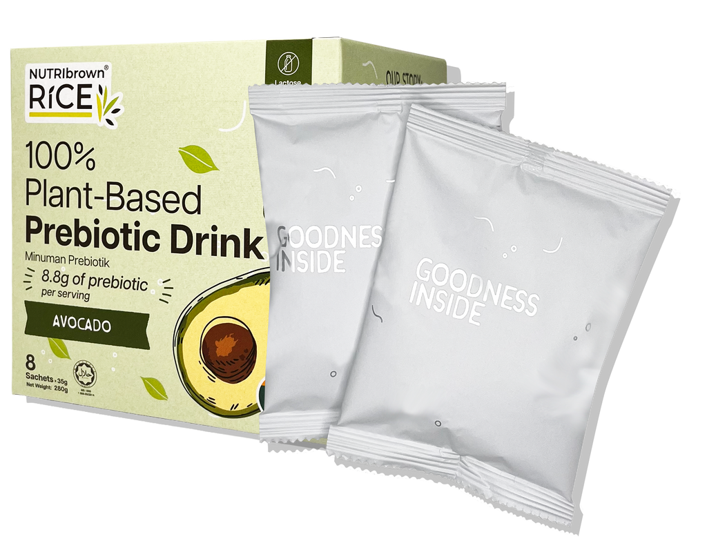 NutriBrown Rice 100% Plant-Based Prebiotic Drink in Avocado flavour (side view) and visual of the sachets inside.