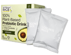 NutriBrown Rice 100% Plant-Based Prebiotic Drink in Avocado flavour (side view) and visual of the sachets inside.