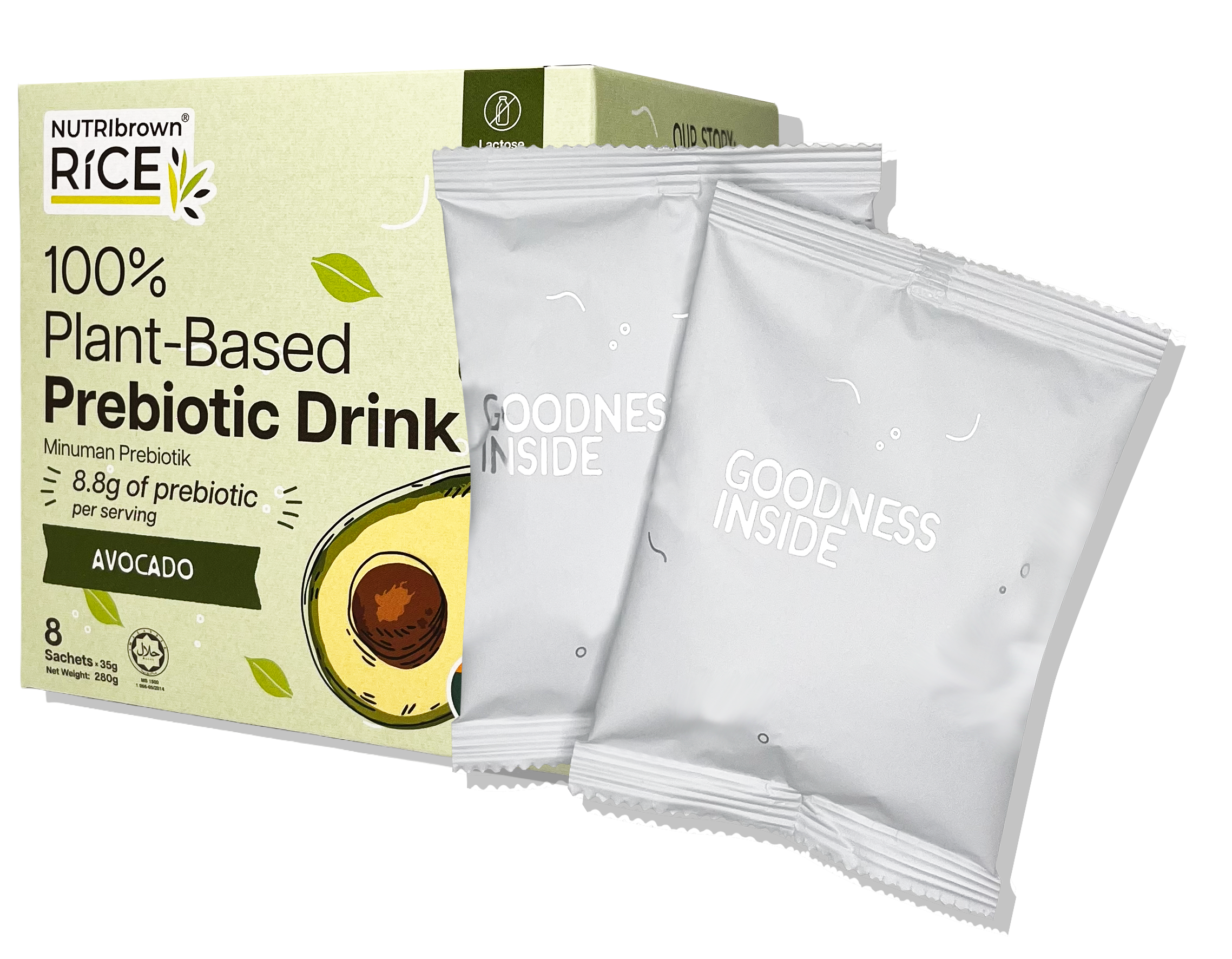 NutriBrown Rice 100% Plant-Based Prebiotic Drink in Avocado flavour (side view) and visual of the sachets inside.