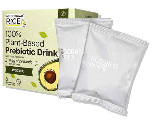 NutriBrown Rice 100% Plant-Based Prebiotic Drink in Avocado flavour (side view) and visual of the sachets inside.