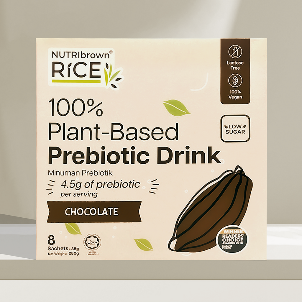 NutriBrown Rice 100% Plant-Based Prebiotic Drink in Chocolate flavour, in a box of 35g x 8sachets.