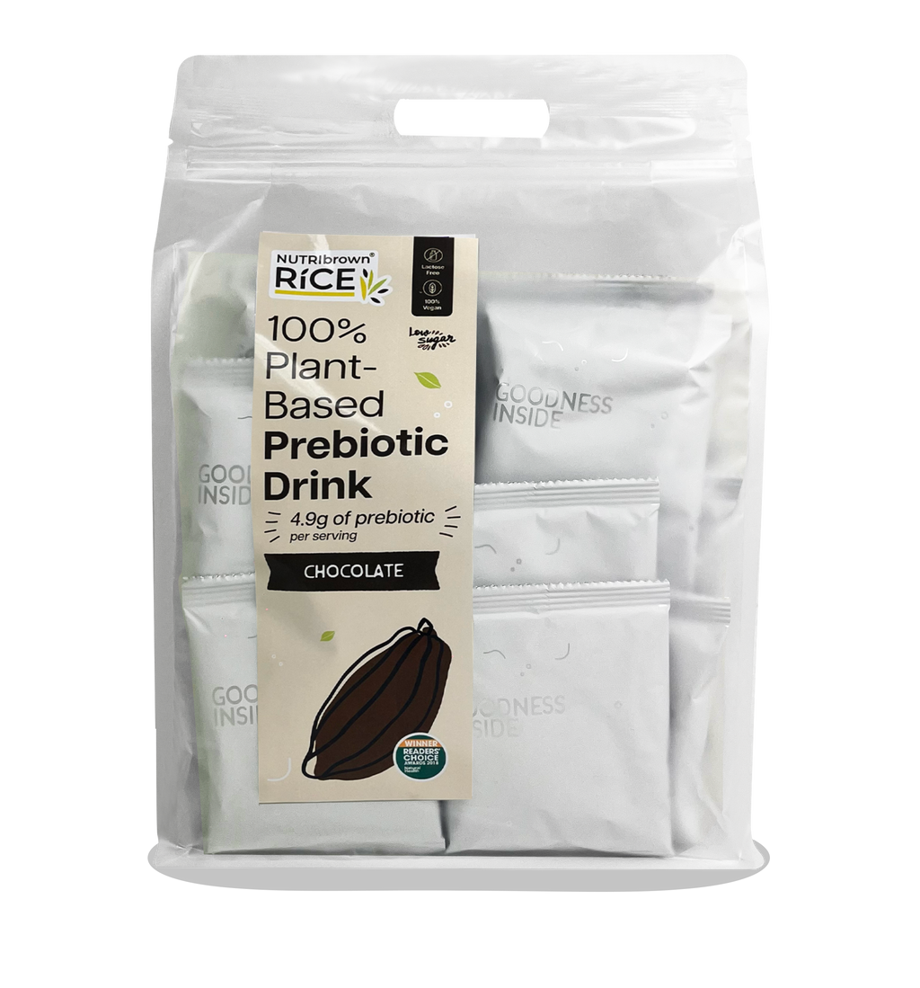 NutriBrown Rice 100% Plant-Based Prebiotic Drink in Chocolate flavour, in a resealable pouch/ecobag of 35g x 30sachets.