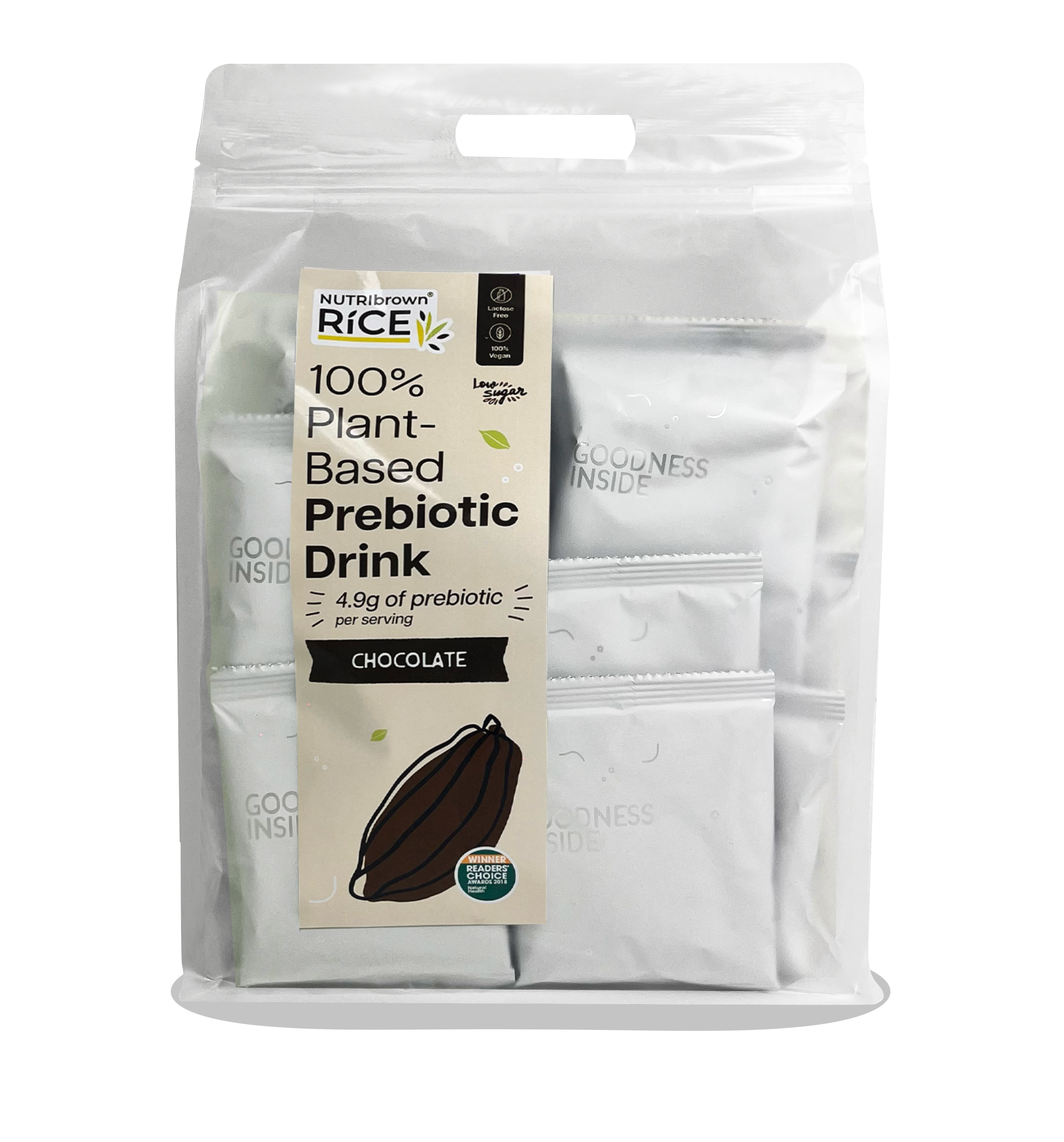 NutriBrown Rice 100% Plant-Based Prebiotic Drink in Chocolate flavour, in a resealable pouch/ecobag of 35g x 30sachets.