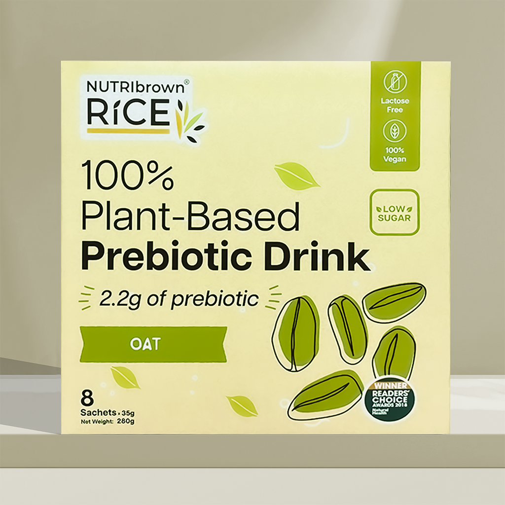 NutriBrown Rice 100% Plant-Based Prebiotic Drink in Oat flavour, in a box of 35g x 8sachets.