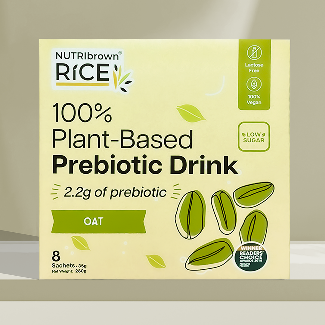 NutriBrown Rice 100% Plant-Based Prebiotic Drink in Oat flavour, in a box of 35g x 8sachets.