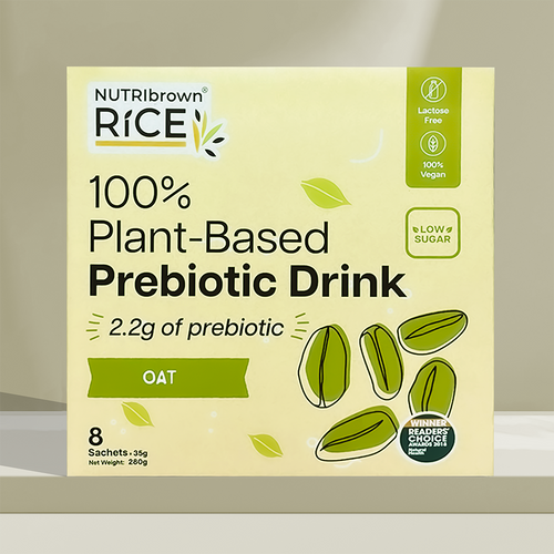 NutriBrown Rice 100% Plant-Based Prebiotic Drink in Oat flavour, in a box of 35g x 8sachets.