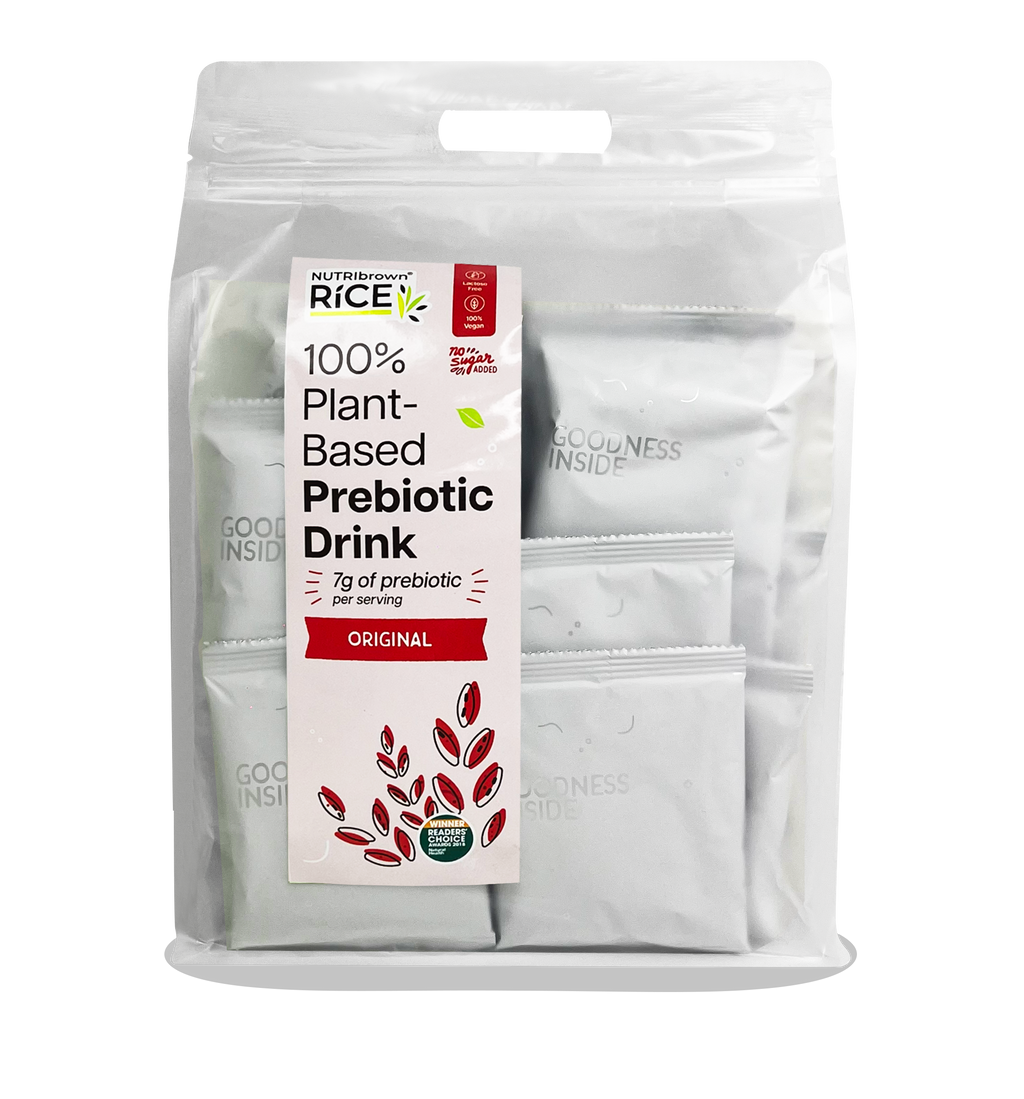 NutriBrown Rice 100% Plant-Based Prebiotic Drink in Original flavour, in a resealable pouch/ecobag of 35g x 30sachets.