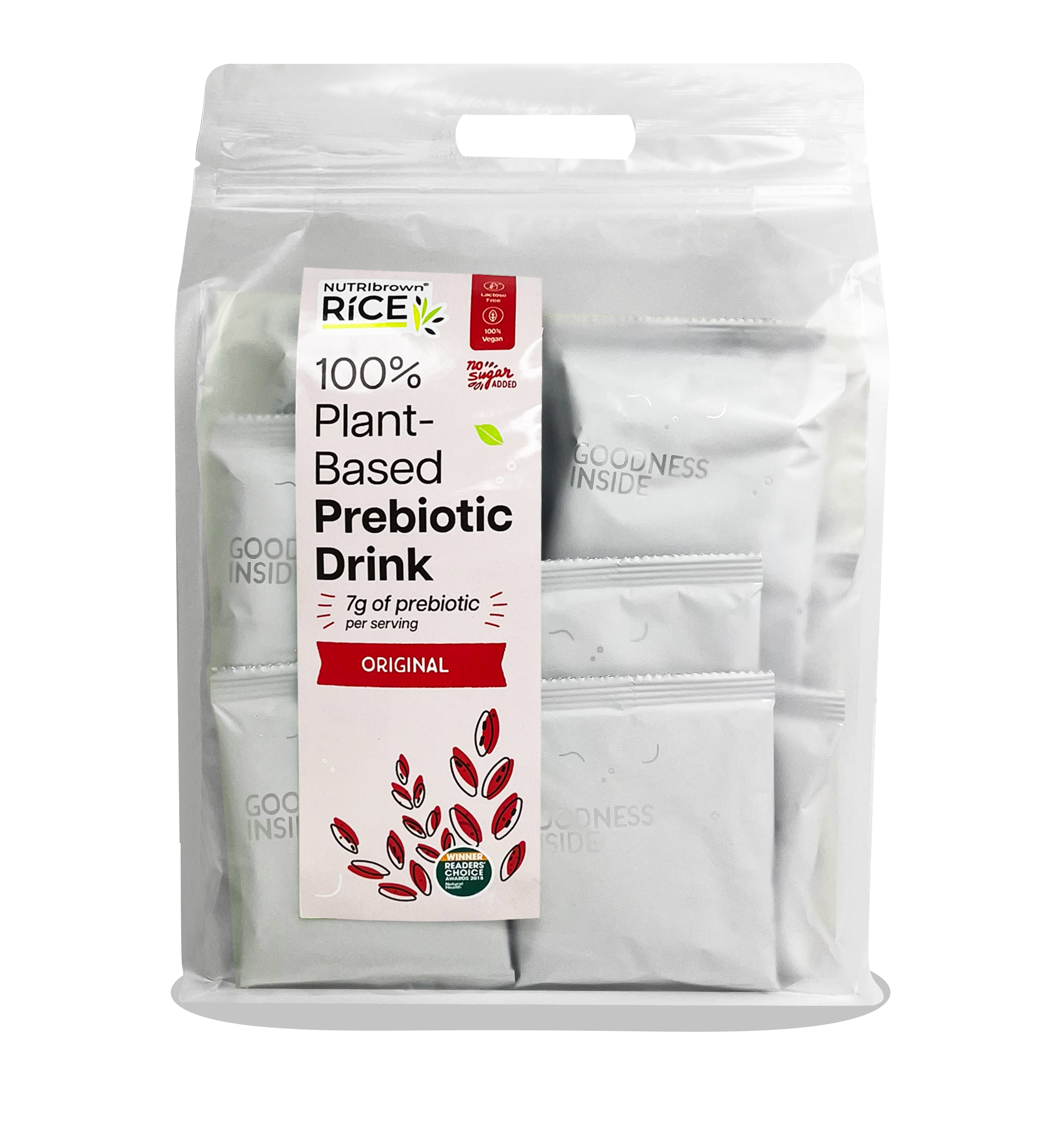 NutriBrown Rice 100% Plant-Based Prebiotic Drink in Original flavour, in a resealable pouch/ecobag of 35g x 30sachets.