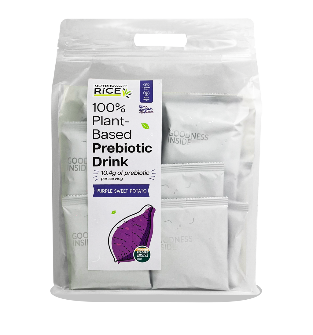 NutriBrown Rice 100% Plant-Based Prebiotic Drink in Purple Sweet Potato flavour, in a resealable pouch/ecobag of 35g x 30sachets.